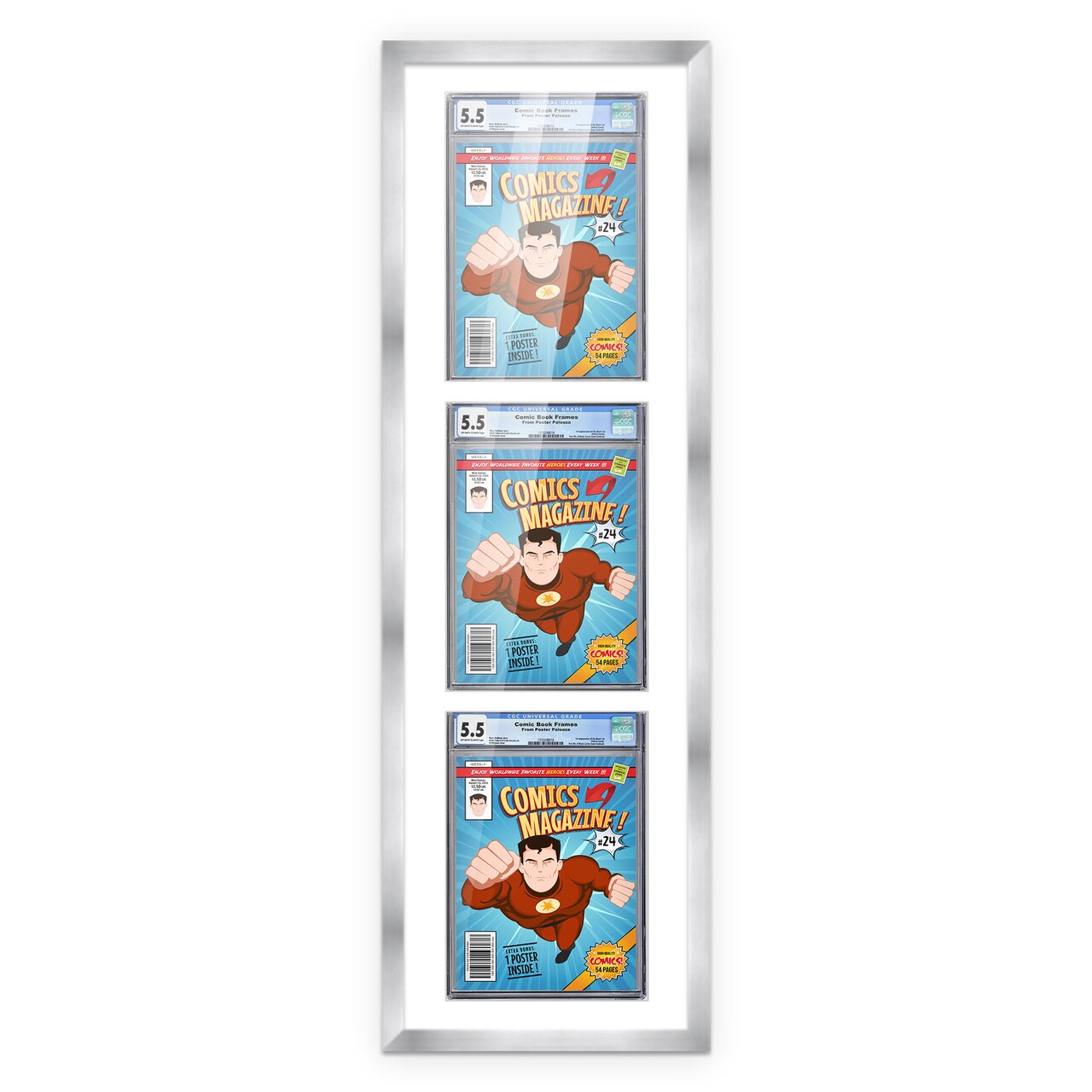 Comic Book Frame with Mat for 3 Graded Comics - Silver Wood Comic Frame With White Mat for 8.125x13 Comics - 11.75x43.5 Frame Size